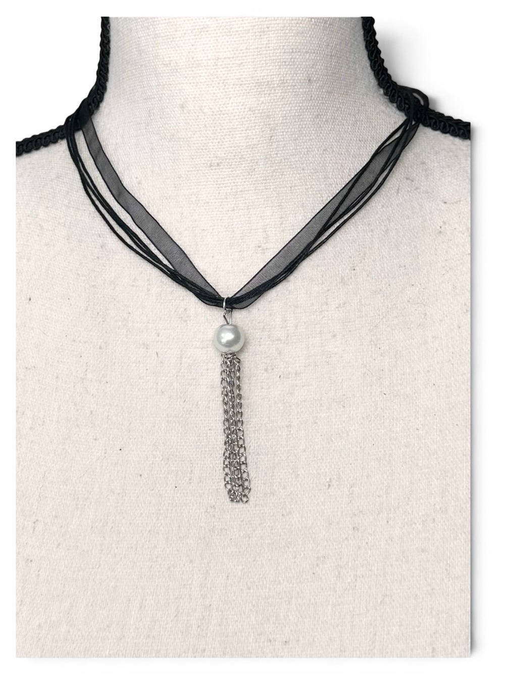🤍Faux Pearl Pendant with Chain Tassel on Ribbon Cord